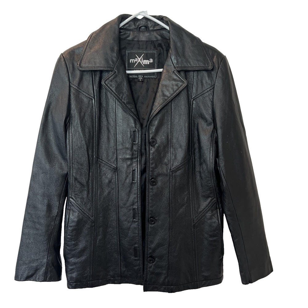 Maxima Wilsons Leather Jacket Black Button Up Coat Moto‎ Biker Womens Medium